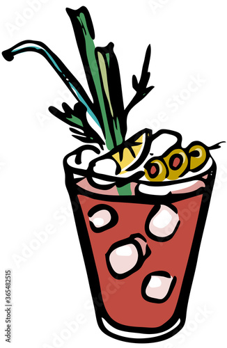 Stylish hand-drawn ink style Ice cold fresh salty tomato bloody Mary garnished with olives, celery and slice of lemon. Goof for cocktail party card, invitations, posters, bar menu or cook book recipe