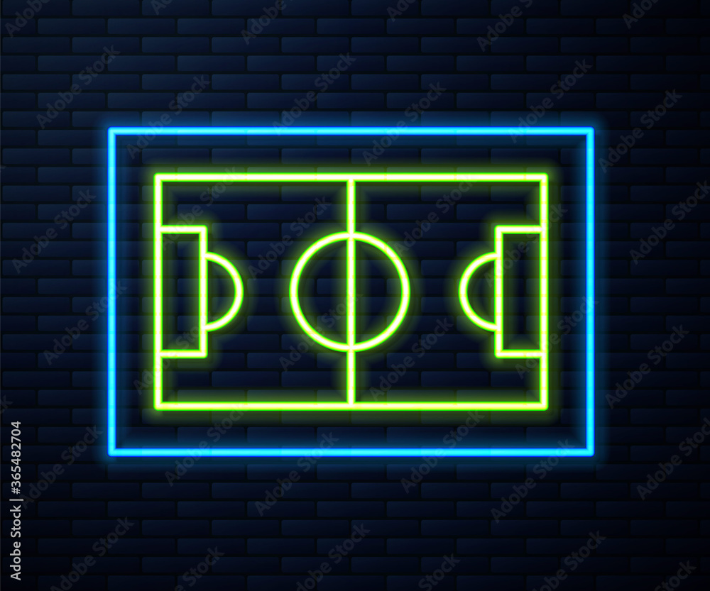 Glowing neon line Football or soccer field icon isolated on brick wall background. Vector Illustration. Glowing neon line Football or soccer field icon isolated on brick wall background. Vector Illustration.