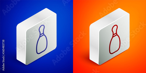 Isometric line Bowling pin icon isolated on blue and orange background. Silver square button. Vector Illustration.