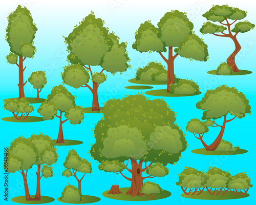Different green trees on blue background