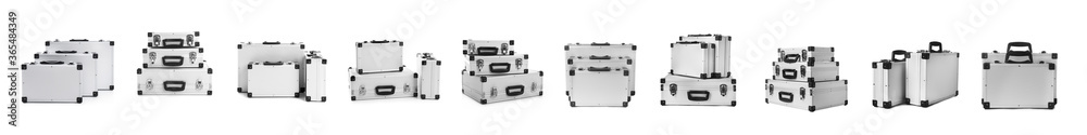 Set of modern suitcases on white background. Banner design Set of modern suitcases on white background. Banner design
