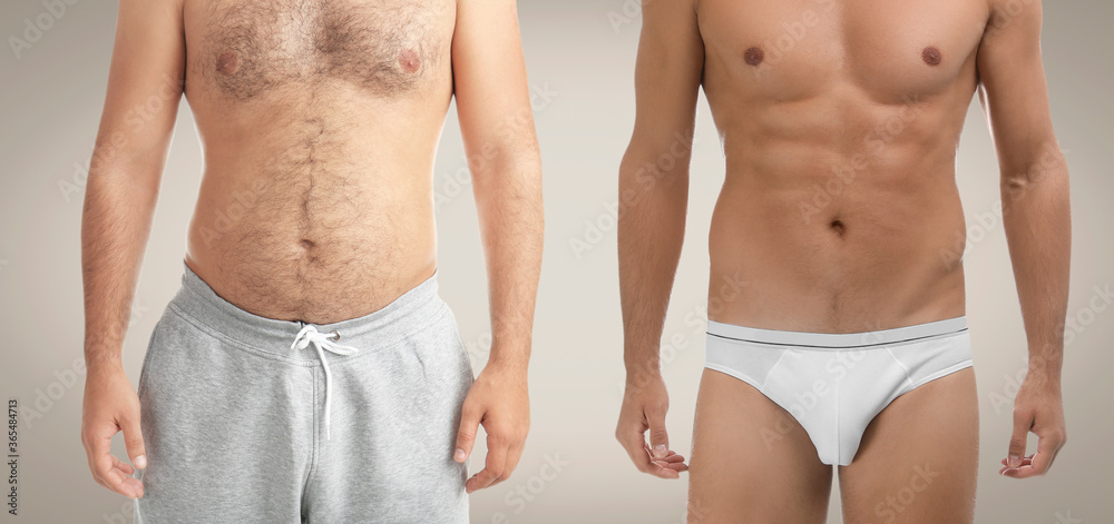 Slim and overweight men on light background, closeup. Banner design Slim and overweight men on light background, closeup. Banner design