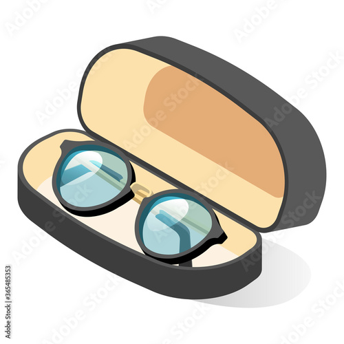 Glasses in black frame in case. Eyeglasses or spectacles, vision aids. Help for visually impaired.