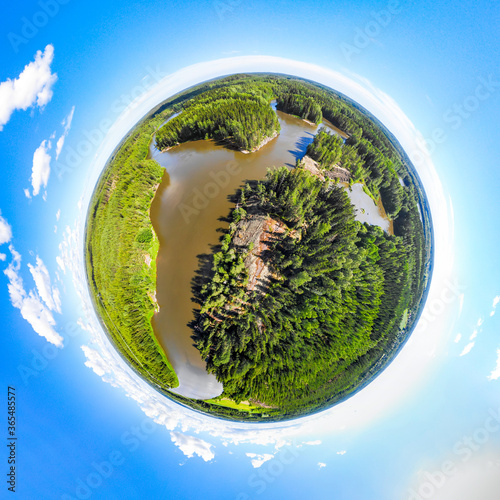 A three dimensional panoramic view of of rapid Ahvionkoski at Kymijoki river, Finland, in a mini planet panorama style.