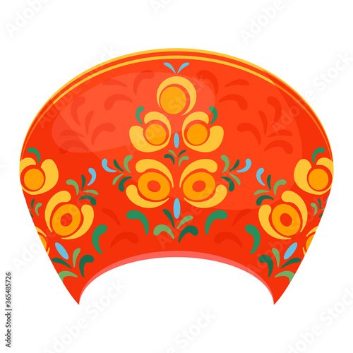Kokoshnik in red color. Russian headdress, part of folk costume decorated with floral patterns.
