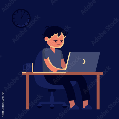 Flat design vector of man doing work at the laptop computer in home. Tired sleepy freelancer man working at home.
