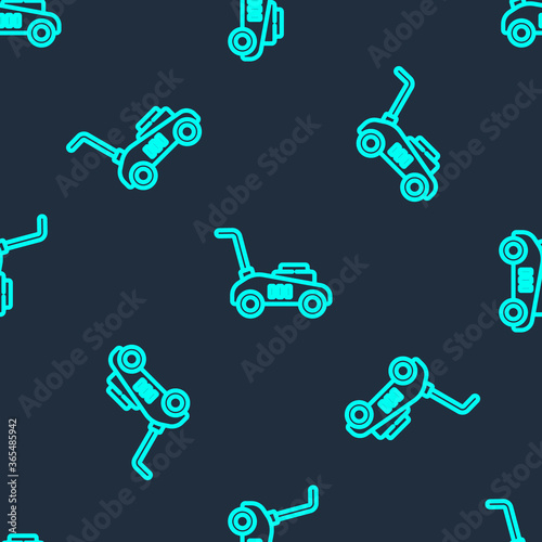 Green line Lawn mower icon isolated seamless pattern on blue background. Lawn mower cutting grass. Vector Illustration.