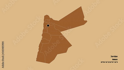 Zarqa, province of Jordan, with its capital, localized, outlined and zoomed with informative overlays on a solid patterned map in the Stereographic projection. Animation 3D photo