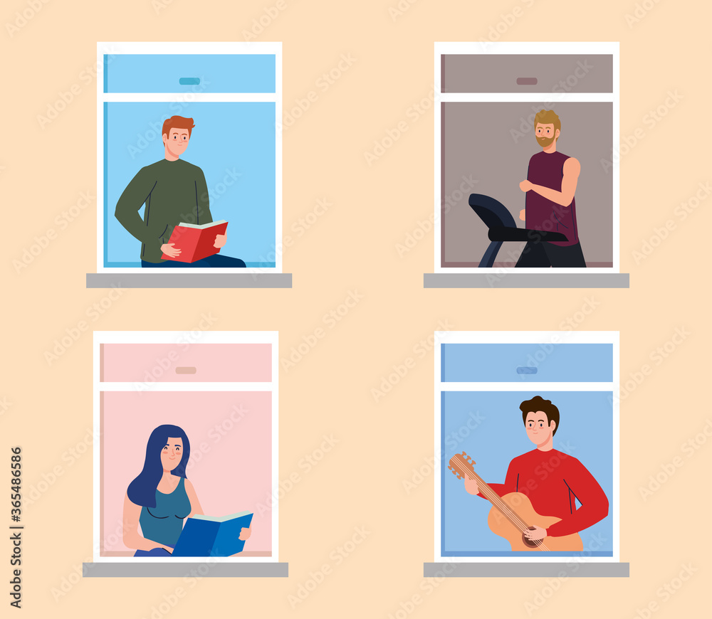 stay home, facade with window, people self isolation doing activities in the house, social distancing, prevention covid 19 vector illustration design stay home, facade with window, people self isolation doing activities in the house, social distancing, prevention covid 19 vector illustration design