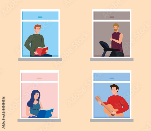 stay home, facade with window, people self isolation doing activities in the house, social distancing, prevention covid 19 vector illustration design