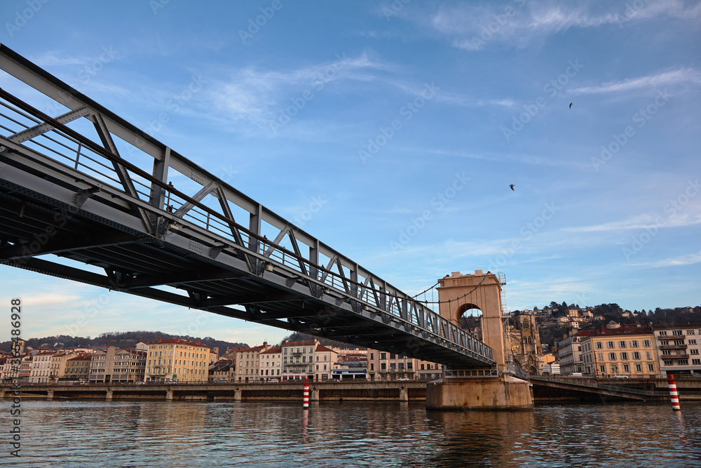 Fototapeta premium Vienne city with the footbridge over Rhone River and Saint Maurice Cathedral