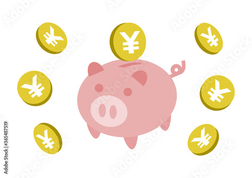 ブタの貯金箱とお金のイラスト: 円