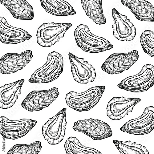 Oyster pattern in engraving sketchy retro style