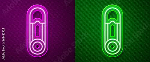 Glowing neon line Classic closed steel safety pin icon isolated on purple and green background. Vector Illustration.