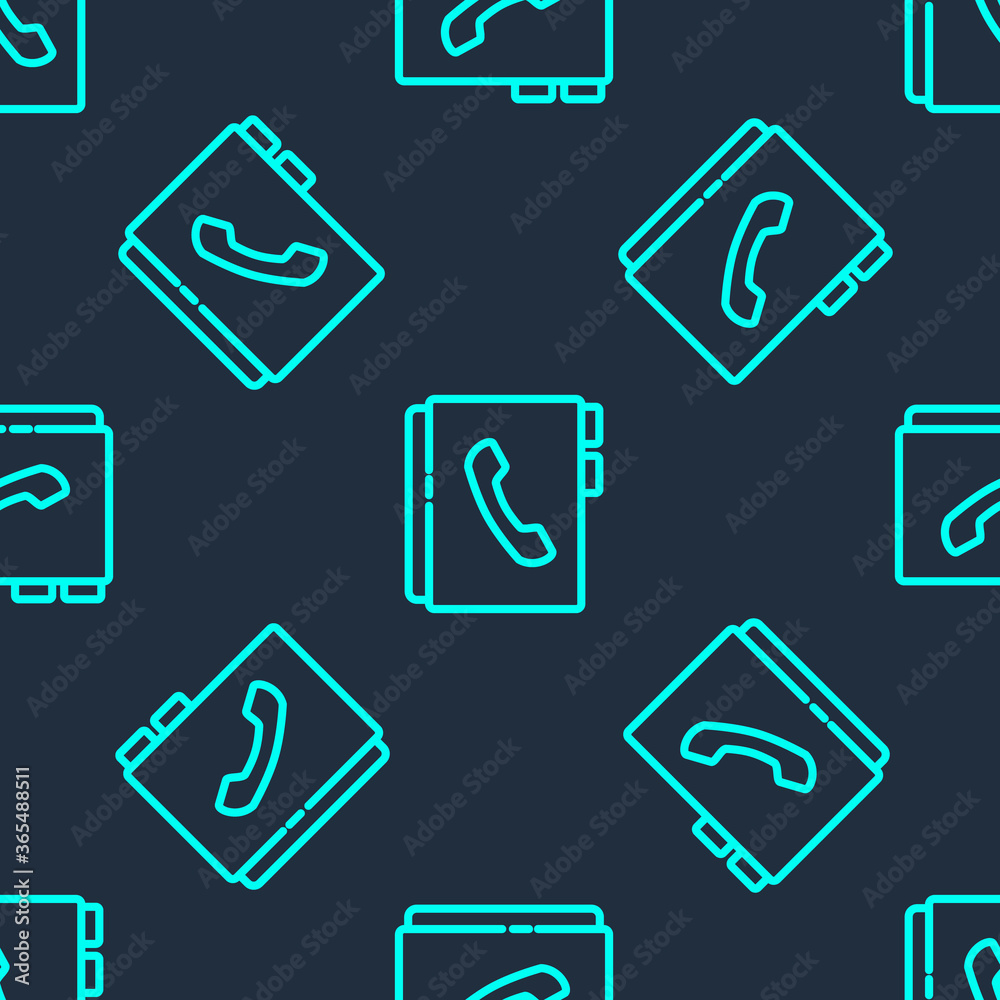 Green line Address book icon isolated seamless pattern on blue background. Notebook, address, contact, directory, phone, telephone book icon. Vector Illustration. Green line Address book icon isolated seamless pattern on blue background. Notebook, address, contact, directory, phone, telephone book icon. Vector Illustration.
