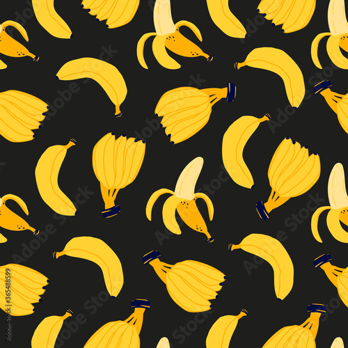 Bright seamless pattern with bananas. Bright seamless pattern with bananas on black background. Peel banana, yellow fruit and bunch of bananas. Fresh juicy tropical fruits. Cartoon style.