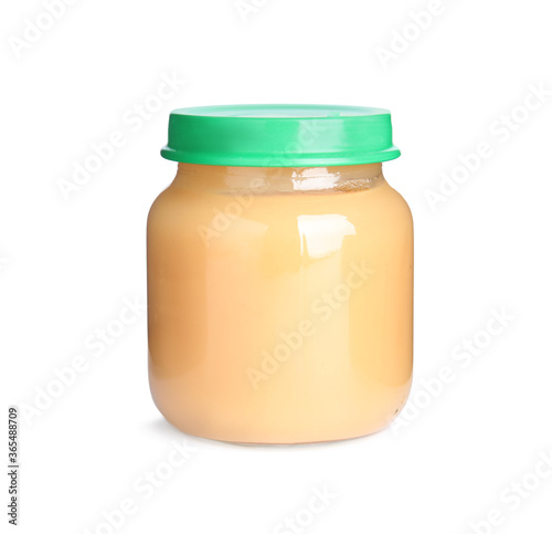 Jar with baby food isolated on white