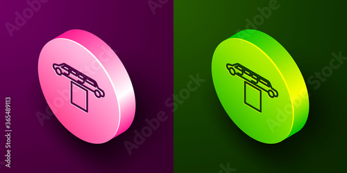 Isometric line Luxury limousine car and carpet icon isolated on purple and green background. For world premiere celebrities and guests poster. Circle button. Vector Illustration.