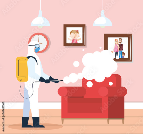 home disinfection by commercial disinfecting service, disinfection worker with protective suit and spray prevent covid 19 in living room house vector illustration design