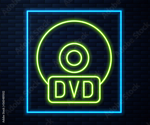 Glowing neon line CD or DVD disk icon isolated on brick wall background. Compact disc sign. Vector Illustration.