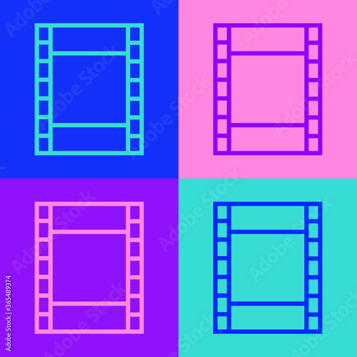 Pop art line Play Video icon isolated on color background. Film strip sign. Vector Illustration.