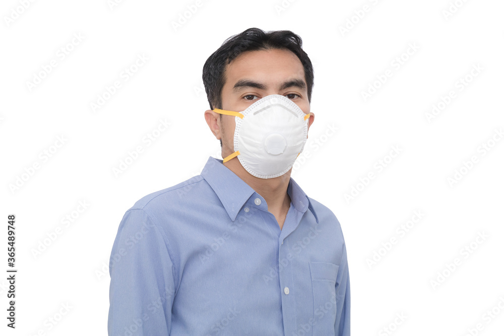 Portrait of Asian young man wearing a mask N95 on white background Portrait of Asian young man wearing a mask N95 on white background