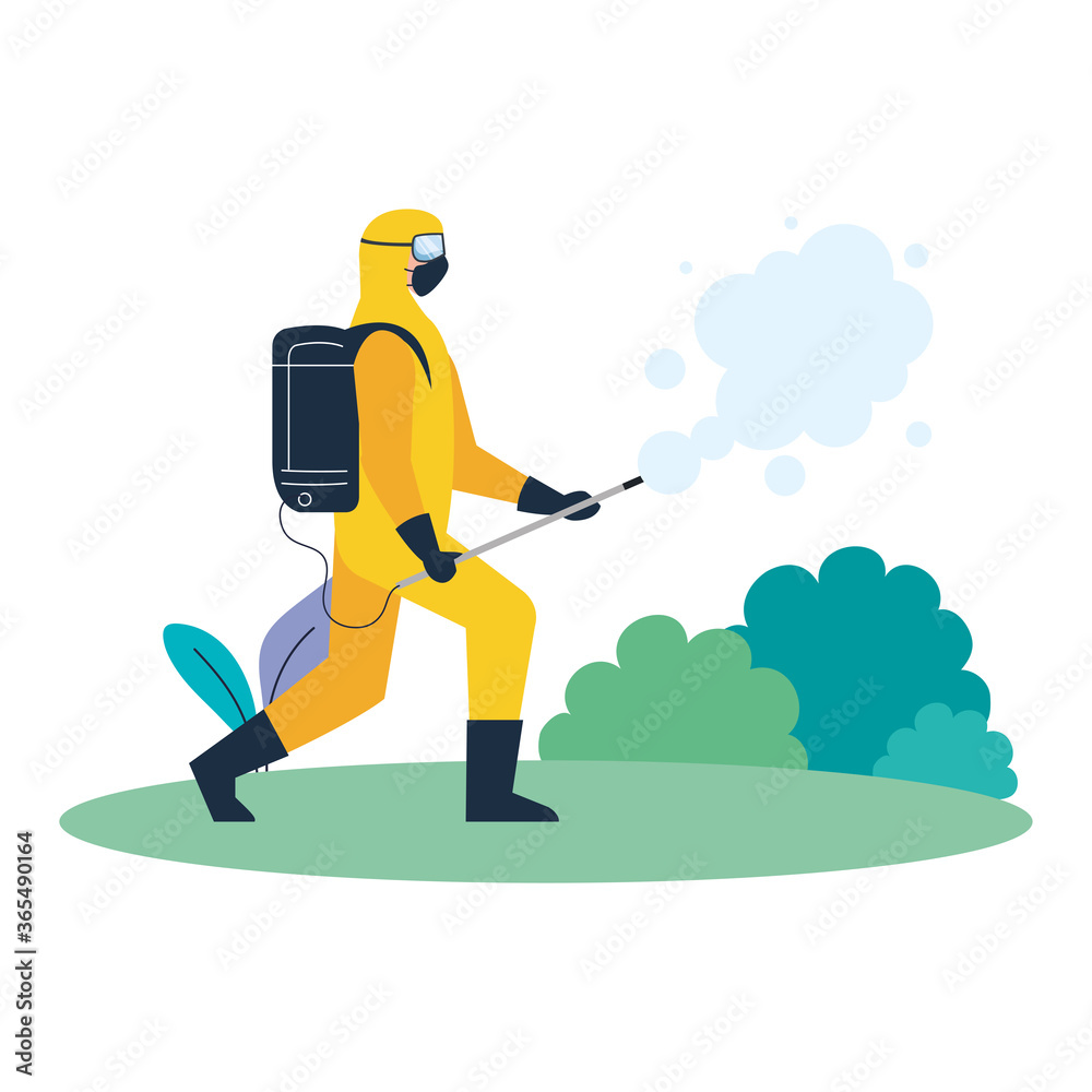 person in protective suit or clothing, spray to cleaning and disinfect virus on outdoor, covid 19 disease on white background vector illustration design