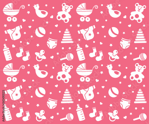Seamless pink baby background with pram, baby toys, nipples, milk bottle and baby clothes