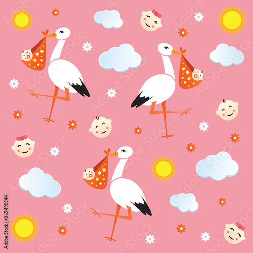 Seamless pink cartoon background with storks carrying newborn babies.Vector illustration