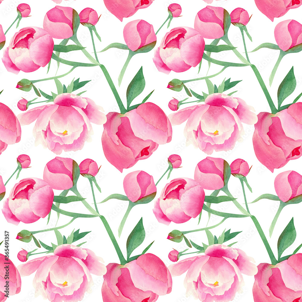 Seamless watercolor pattern on white background with peonies for wedding invitation design, fabric and decor