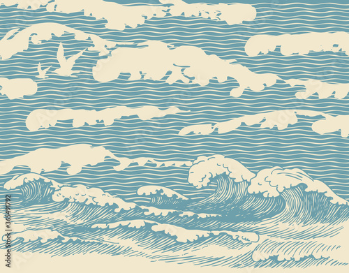 Decorative illustration of the sea or ocean, hand-drawn storm waves with breakers of sea foam. Vector banner or background in retro style with blue waves passing into the sky with clouds