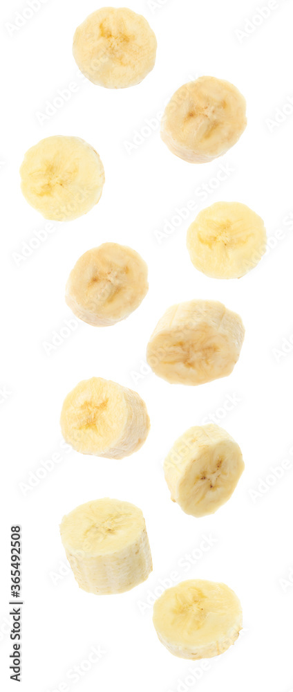 Set with delicious ripe banana pieces falling on white background Set with delicious ripe banana pieces falling on white background