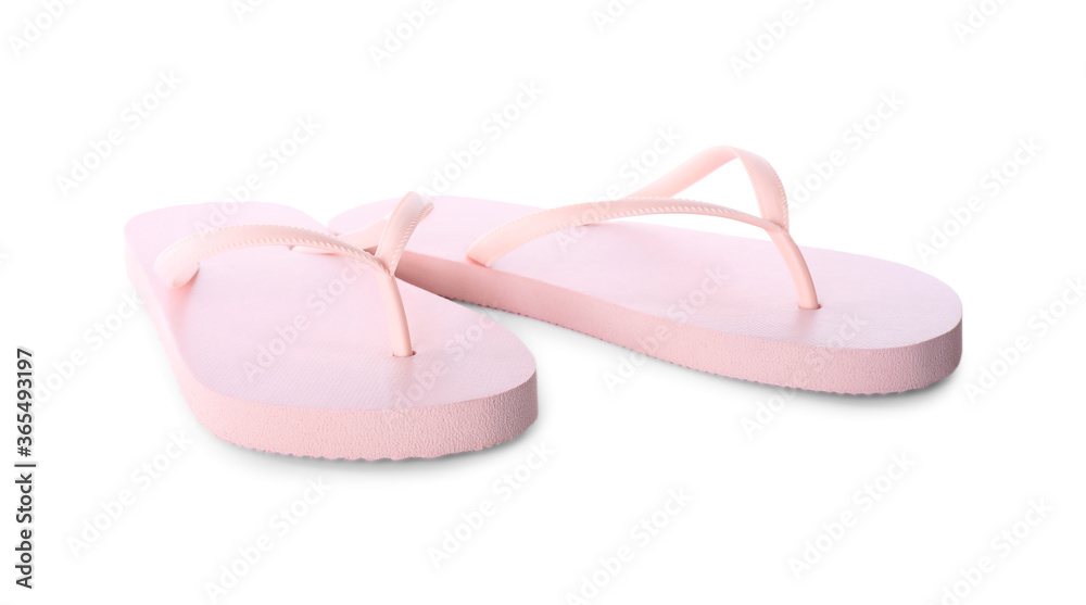 Light pink flip flops isolated on white. Beach accessory
