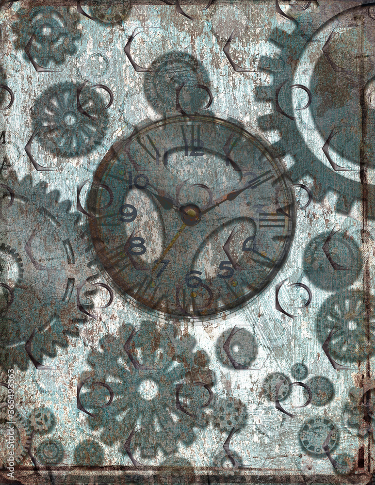 grunge background with clock and gear