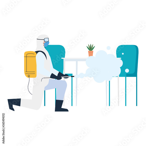 person in protective suit or clothing, spray to cleaning and disinfect virus in table and chairs, covid 19 disease on white background vector illustration design