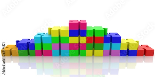 Colored puzzle pieces are stacked on either side of the pyramid