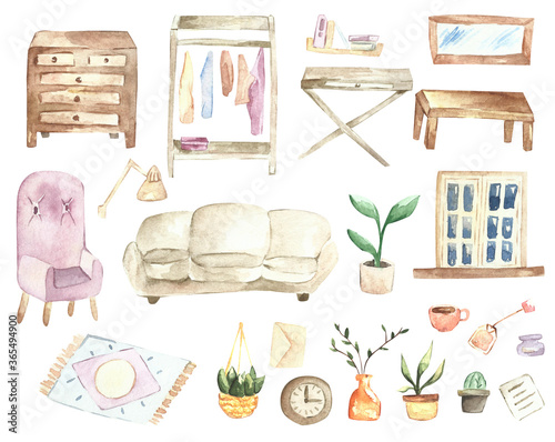 Hand painted watercolor set of casual home furniture. photo