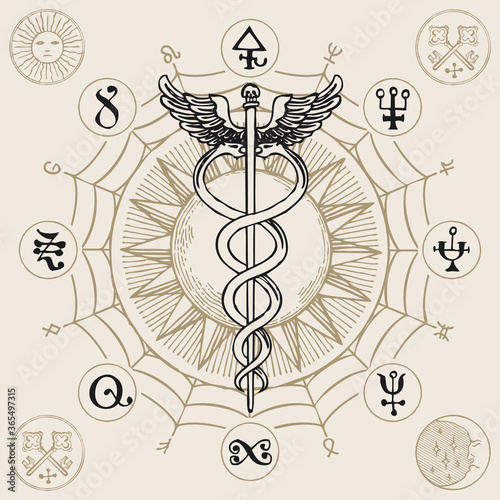 Caduceus with two snakes and wings. Vector banner with hand-drawn staff of Hermes, sun, web, esoteric signs and magic symbols written in a circle. Medical symbol in vintage style
