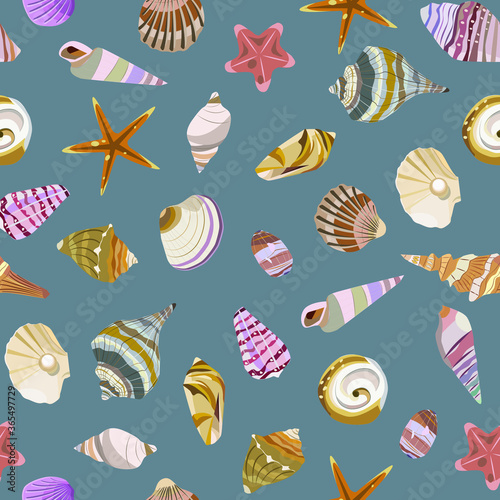 Seamless vector color pattern with shells. Hand drawn мarine background. Suitable for greetings, invitations, wrapping paper, textile. © Tatsiana