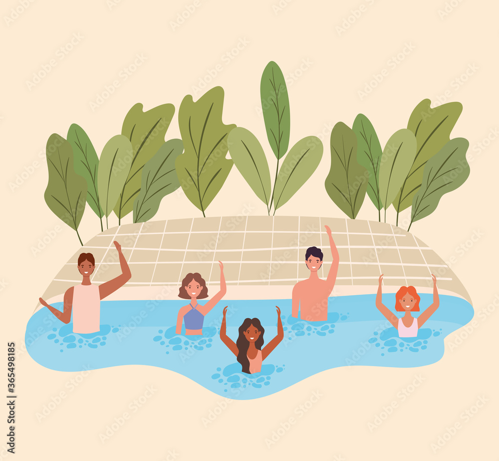 People cartoons with swimsuits at pool design, Summer vacation tropical and relaxation theme Vector illustration