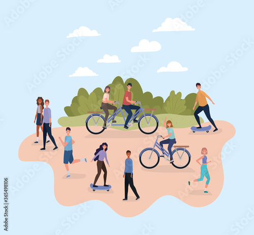 people with bikes and skateboards at park design, Outdoor activity and season theme Vector illustration