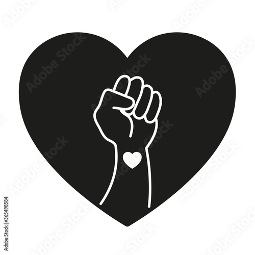 Hand symbol for the black lives matter protest in the USA. Arm with a heart tattoo, surrounded by a heart shape. Flat style vector illustration.