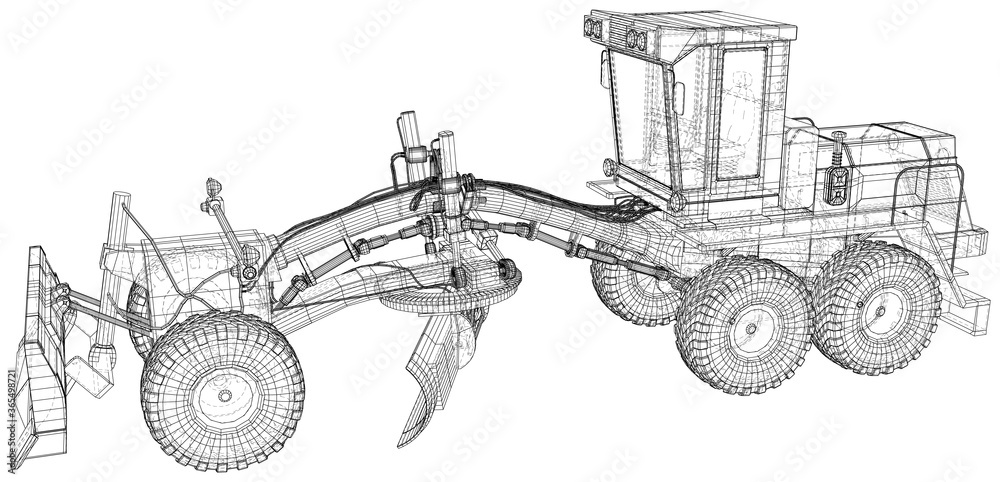 Road grader. Heavy equipmen Vector illustration. Wire-frame line isolated. Vector rendering of 3d.