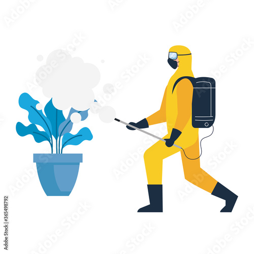 person in protective suit or clothing, spray to cleaning and disinfect virus in house plant, covid 19 disease on white background vector illustration design