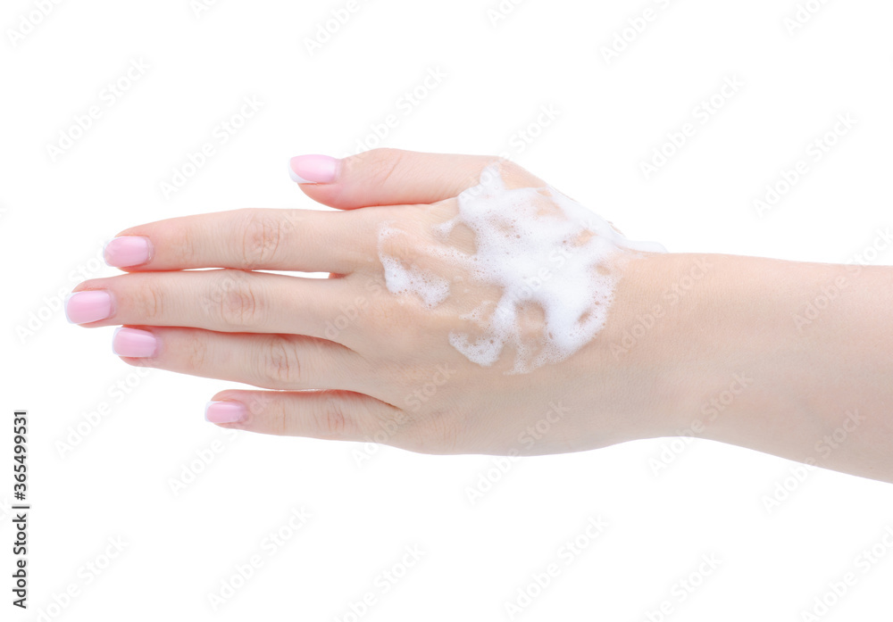 Hand with panthenol foam on white background isolation Hand with panthenol foam on white background isolation