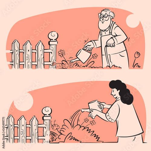People doing garden watering job doodle illustrations. Hand-drawn cartoon vector illustration