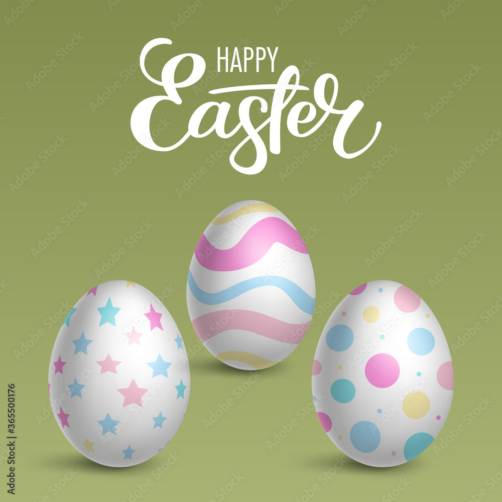 Realistic decorated eggs on green background. Easter greeting card or invitation template