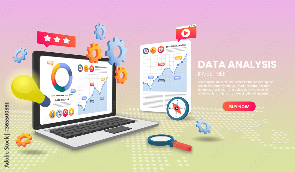 Data analysis concept with laptop. 3d vector illustration. Data analysis concept with laptop. 3d vector illustration.
