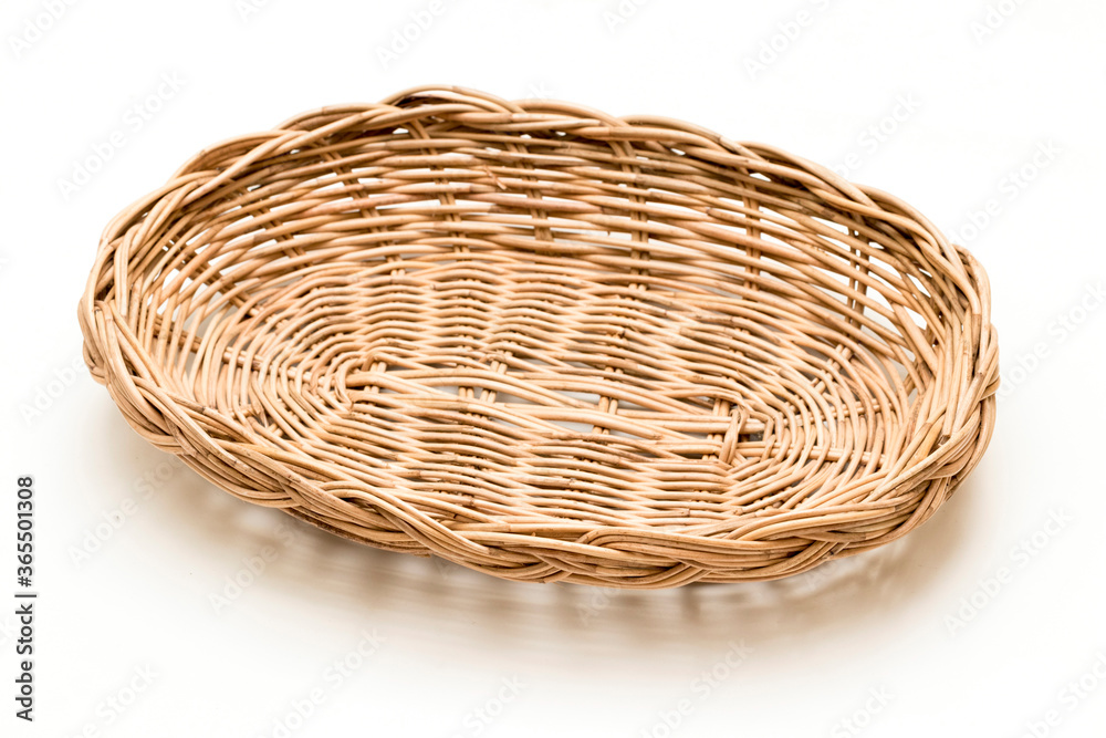 Fototapeta premium Wicker basket, Wood Serving Tray, Kitchen Tray. Isolated white background. 
