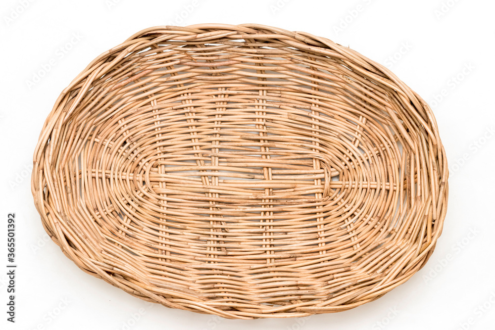 Fototapeta premium Wicker basket, Wood Serving Tray, Kitchen Tray. Isolated white background. 
